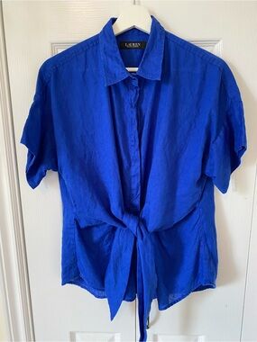 Ralph Lauren 100% Linen Cobalt Blue Faux Tie-Front Short sleeved Blouse size LP